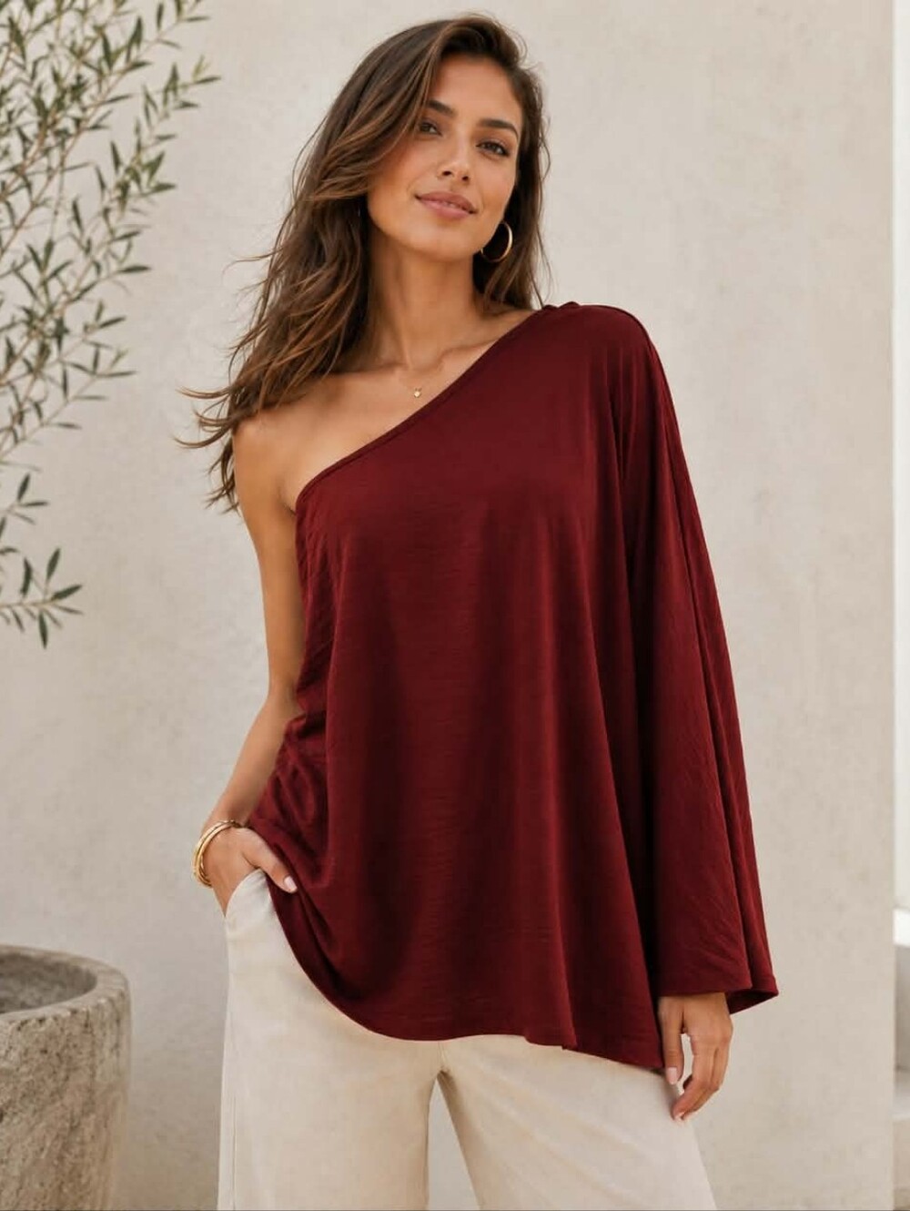 eesome One-Shoulder Knit Top in Burgundy